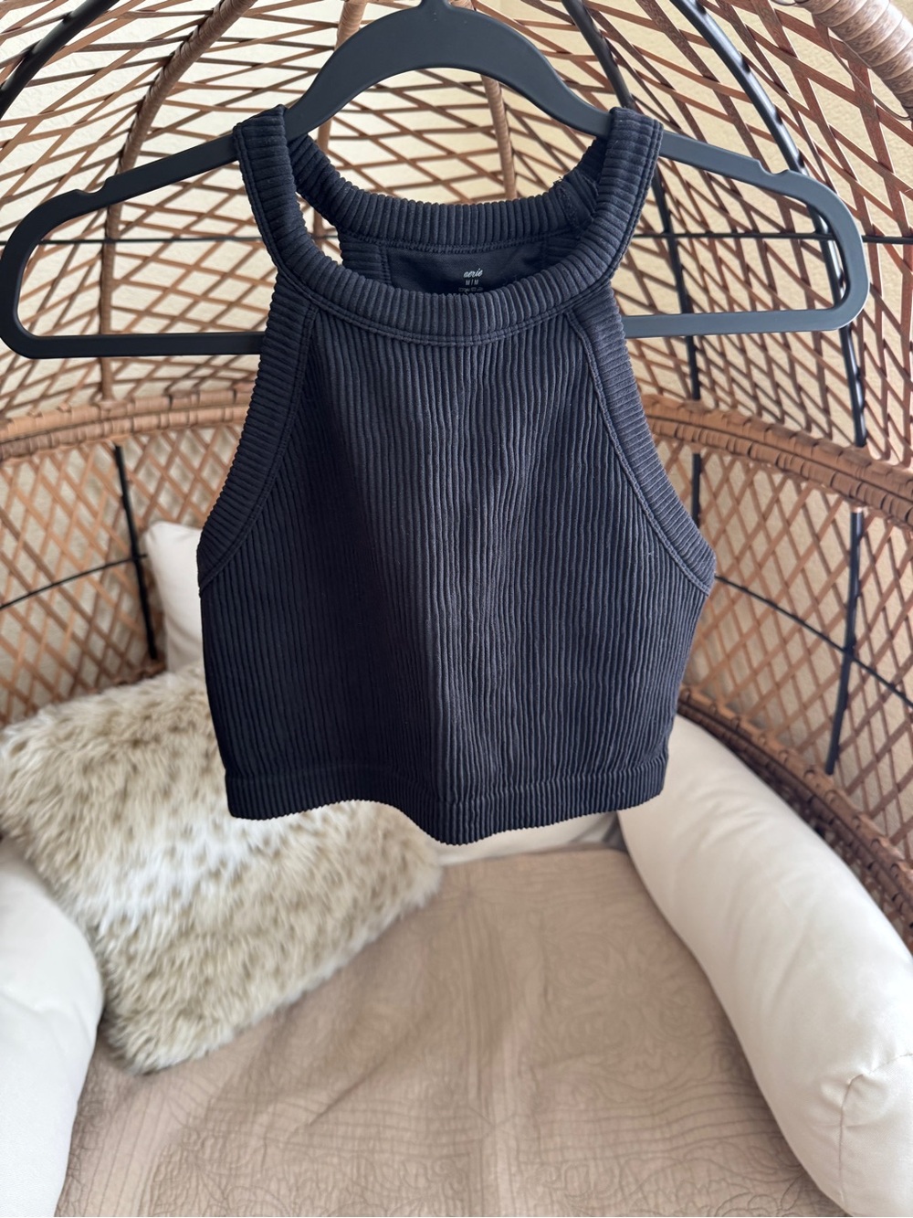 Aerie Super Chill Seamless Ribbed High Neck Black Bralette Medium